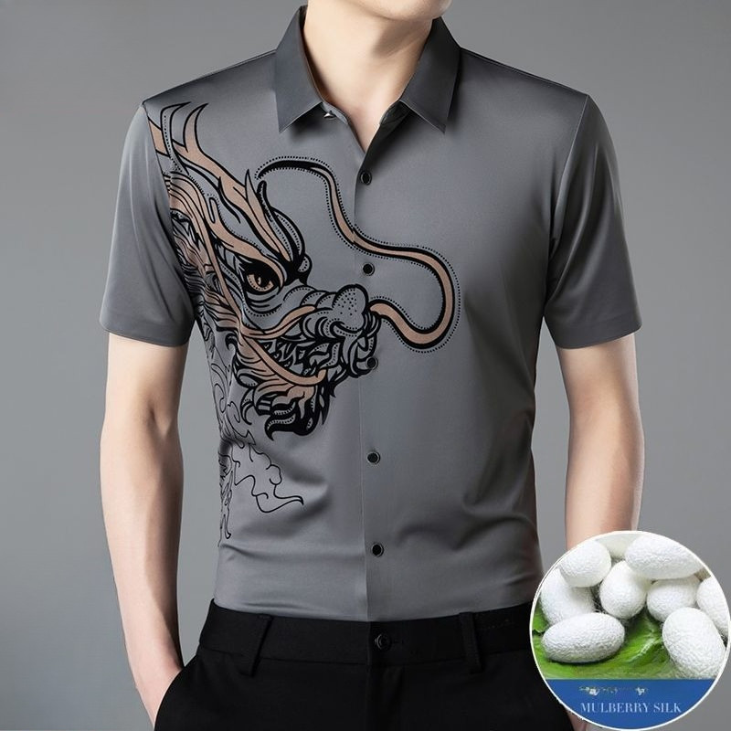 Kemeja Lengan Pendek Sutra Mulberry Kemeja Naga Sutra Longgar Pria