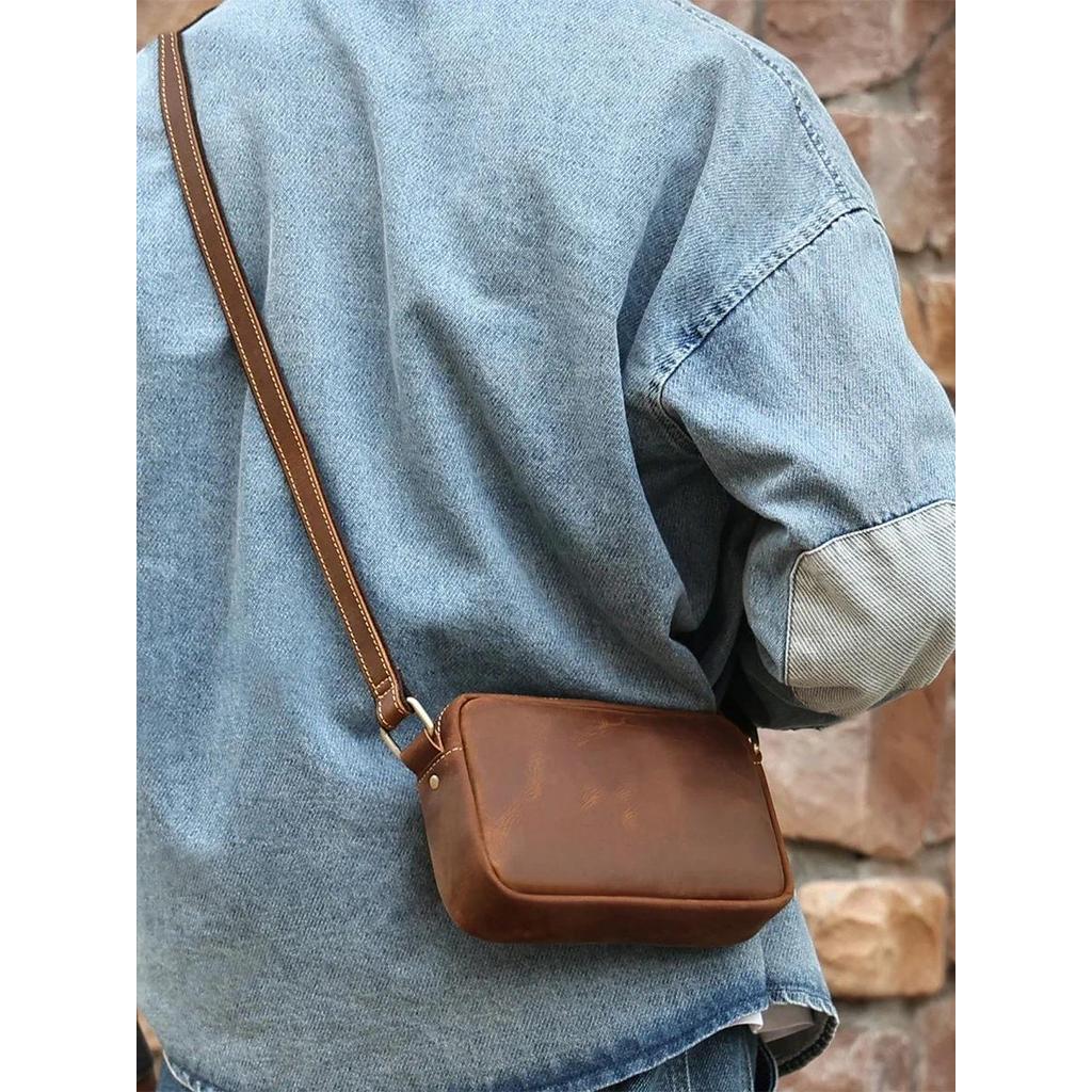 Crazy Horse Leather Messenger Bag Men's Leather Shoulder Bag for Mobile Phone Sling Bags for Men Wom