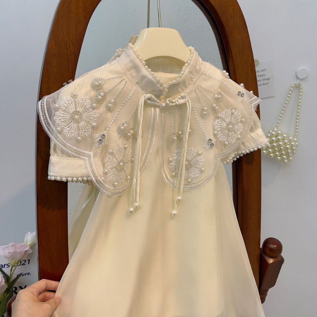 [Sweetie Bloom] Gaun Anak Perempuan Premium Bordir Mutiara Bunga Kerah Mutiara Warna Putih Susu Usia