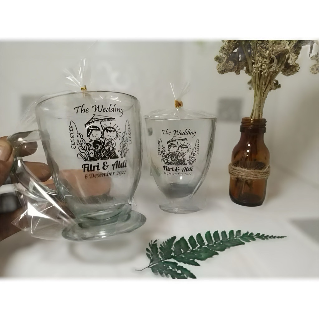 Souvenir Pernikahan Gelas Piala kemas plastik, Souvenir Gelas Gagang, Souvenir gelas kopi