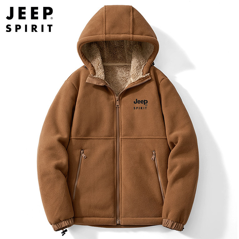 Jeep Spirit Jacket Men's Fleece Coat Autumn and Winter Leisure Hooded Thickened Warm Cargan Clothes.