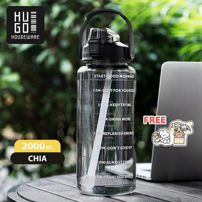 HUGO Botol Minum 2 Liter Jumbo Besar Anti Bocor BPA FREE Gratis Stiker - Hitam