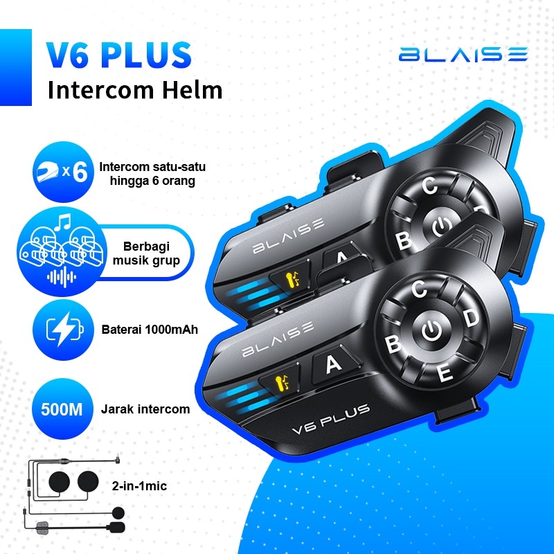 BLAISE V6 Plus ORIGINAL Intercom Helm headset Interkom buat 6 Riders Musik Sharing Waterproof