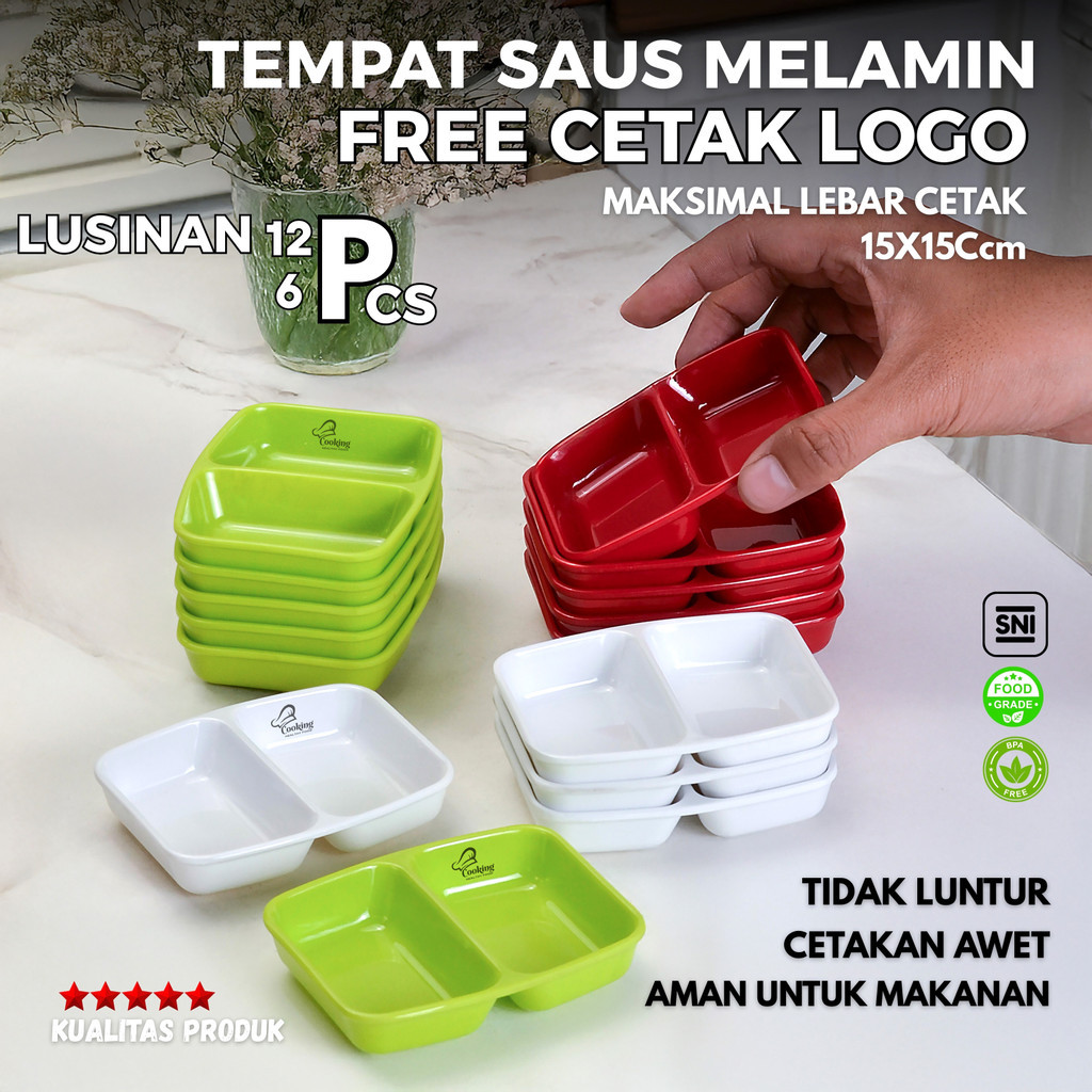 Lepek Sambal Sekat 2 Melamin Tebal [Free Cetak Logo] - Lusin 6/12pcs Piring Saus Cafe & Rumah Makan