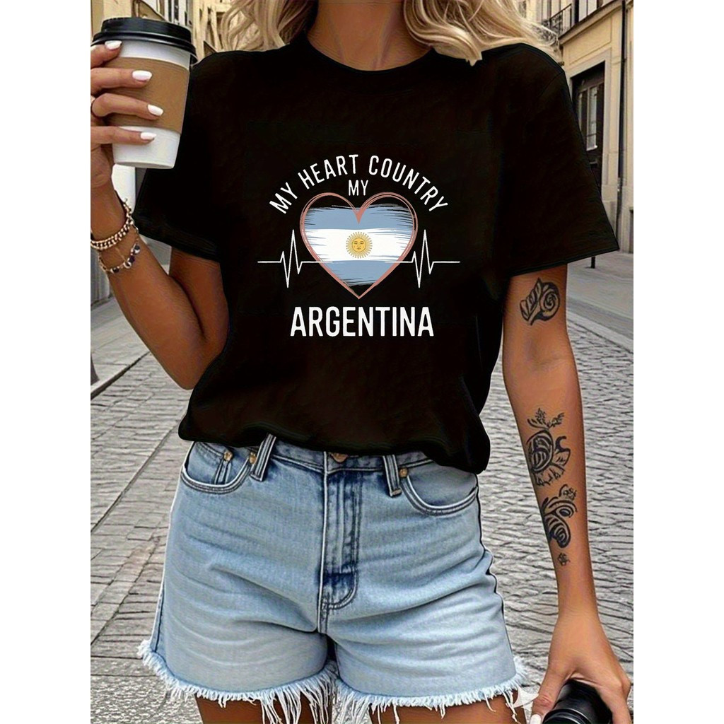 Kaos Grafis Wanita Bendera Argentina & Detak Jantung - Cetakan Huruf Negara Saya Argentina, Sho