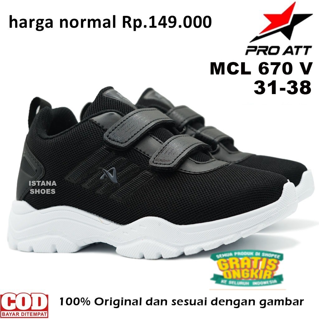 Sepatu Sekolah Anak Laki Laki Perempuan TK PAUD SD SMP PRO ATT MCL 670 Hitam Putih Sneakers Perekat/