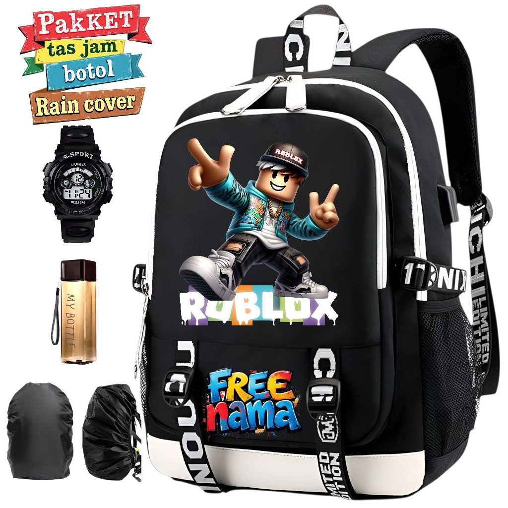 ALBURUJSTORE - Tas Ransel Sekolah Anak Motif Roblox Custom Nama Gratis + Jam Botol Rain Cover