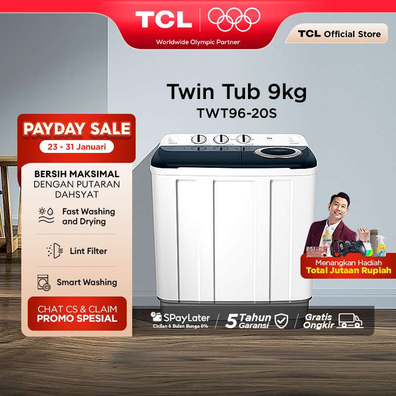 TCL Mesin Cuci 2 Tabung - Twintub 9KG - Lint Filter - Anti Karat - Anti Tikus (Model: TWT96-20S)