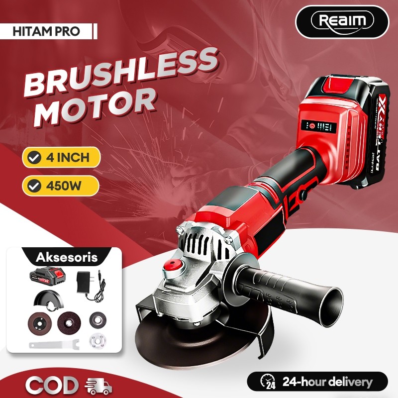 promo toko Reaim Gerinda Baterai Brushless 4Inch 450W Mesin Gerinda Baterai Tangan Cordless Angle Gr