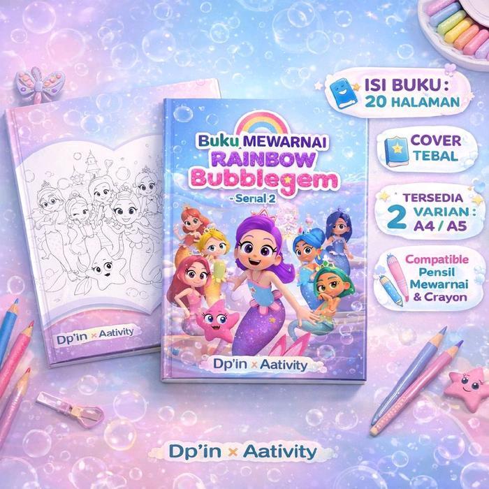 Buku Mewarnai Rainbow Bubblegem Serial 2 Anak | 20 Halaman | Cover Tebal | Ukuran A4 A5 | Buku Aktiv