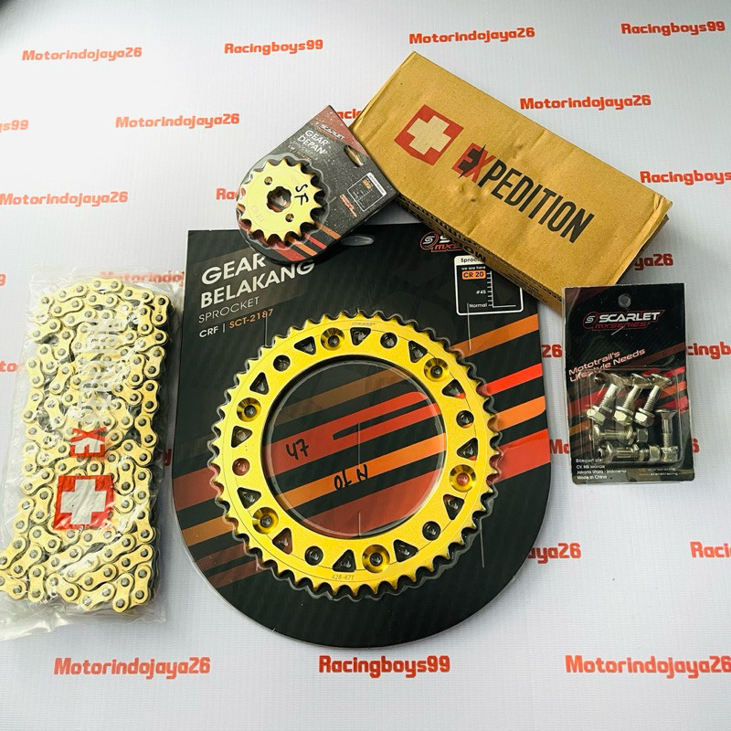 GEAR SET SCARLET CRF 150L SET RANTAI GOLD PLUS BAUT GEAR SCARLET