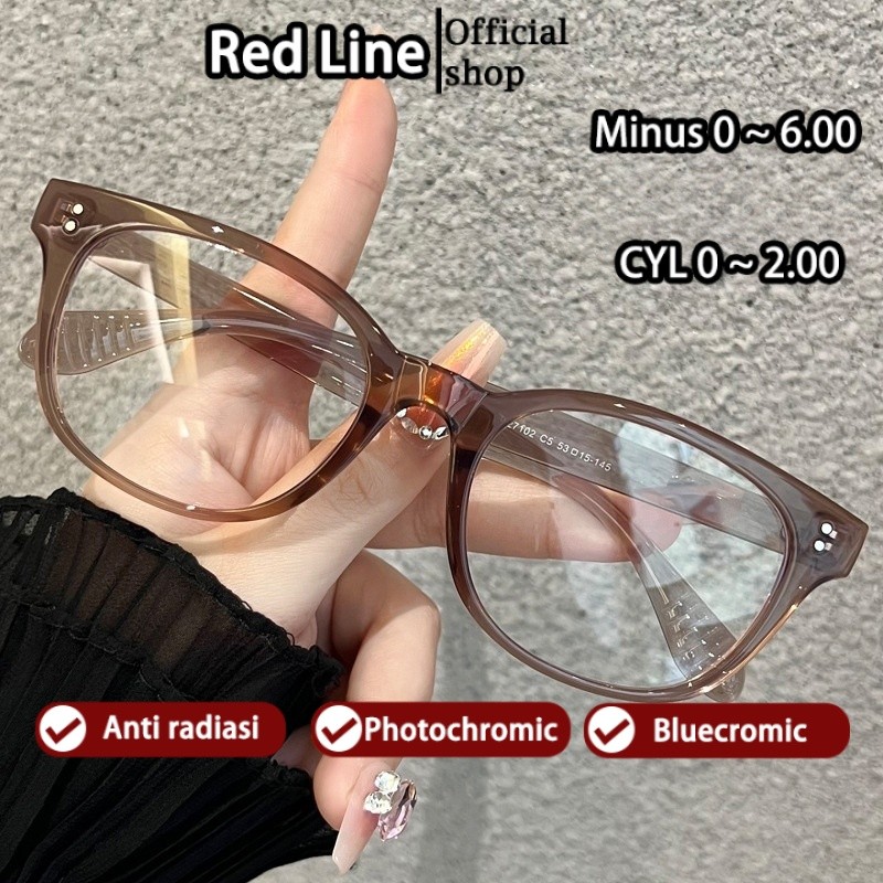 Red Line Kacamata Photocromic Minus Anti Blueray Wanita Pria Baru 2025 Square Frame Fashion Tebal TR