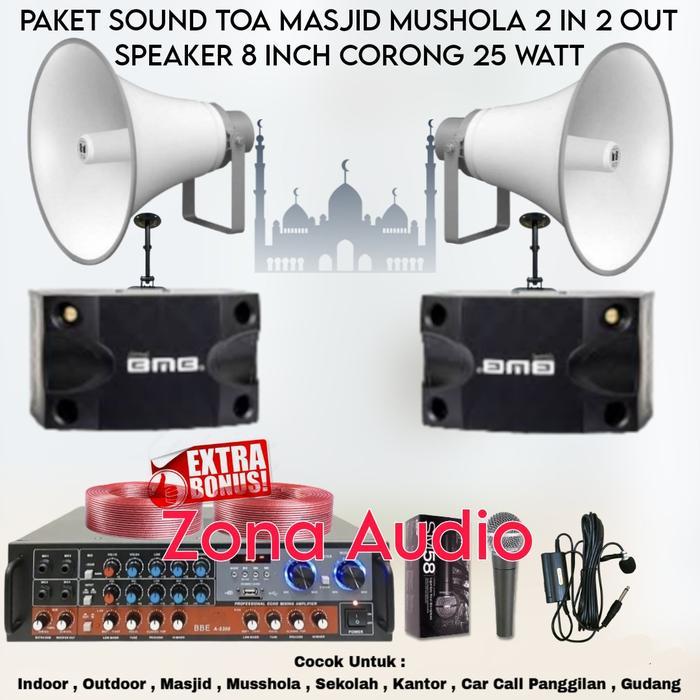 PAKET SOUND SYSTEM TOA MASJID MUSHOLA 2 IN 2 OUT CORONG TOA 25 WATT 2 SPEAKER INDOOR BMB 8 INCH AMPL
