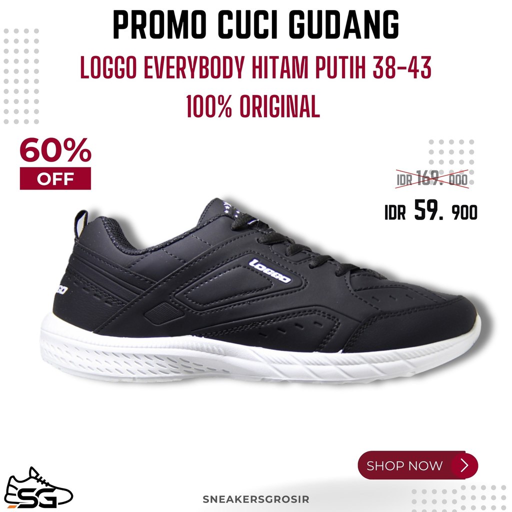 CUCI GUDANG SEPATU LOGGO EVERYBODY SERIES 100% ORIGINAL || SNEAKERS HITAM PUTIH UKURAN 38 - 43