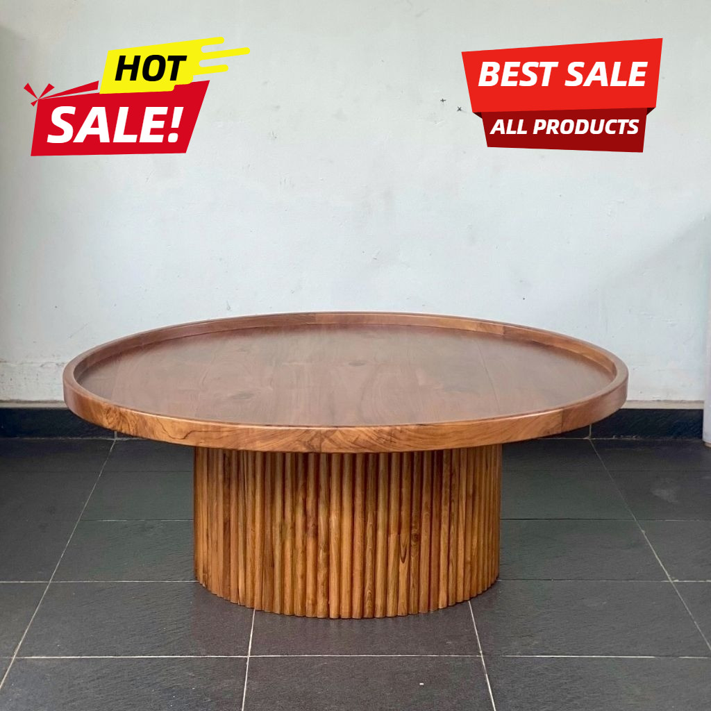 Meja Tamu Bulat Kayu Jati Solid | Meja Ruang Tamu Minimalis Modern | Coffee Table Jati | Furniture J