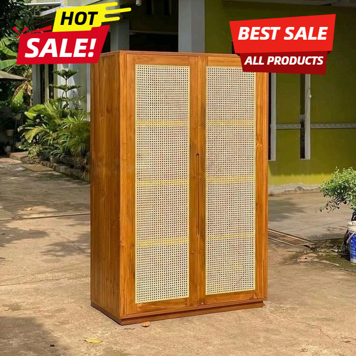 Lemari Pakaian Minimalis Jati Rotan | Lemari Baju Modern Kayu Jati Pintu Rotan Jepara