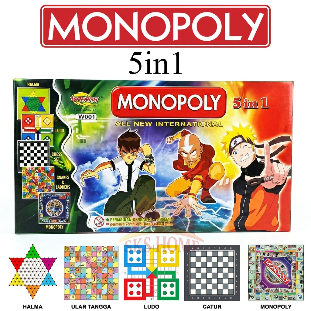 Monopoli 5 in 1 Besar Dan Lengkap Set Mainan Jadul Ular Tangga Catur Ludo Halma Aneka Karakter