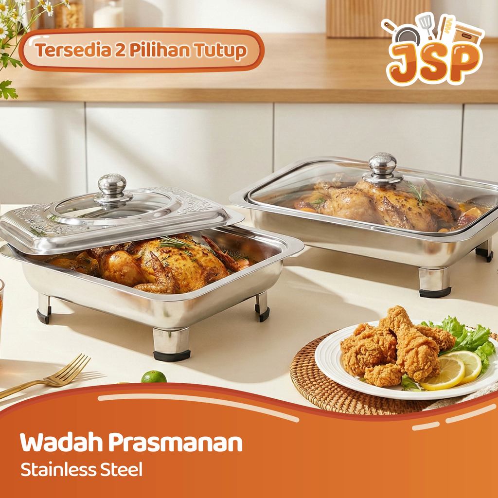 JSP Wadah Prasmanan Stainless Steel Tempat Saji Makanan Prasmanan Katering Tutup Kaca Elegan Tebal A