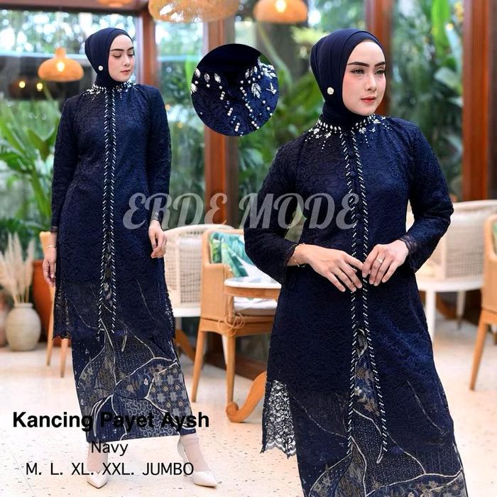 Couple Kebaya Modern Navy Batik Saroja Navy- Baju Setelan Kebaya Payet Pasangan Sarimbit - Rok+Payet