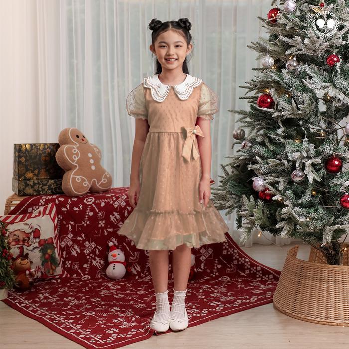 MARVES Chrissie Dress Baju Anak Perempuan Bahan Tile & Furing Usia 1 - 14 Tahun Korean Style - Cream