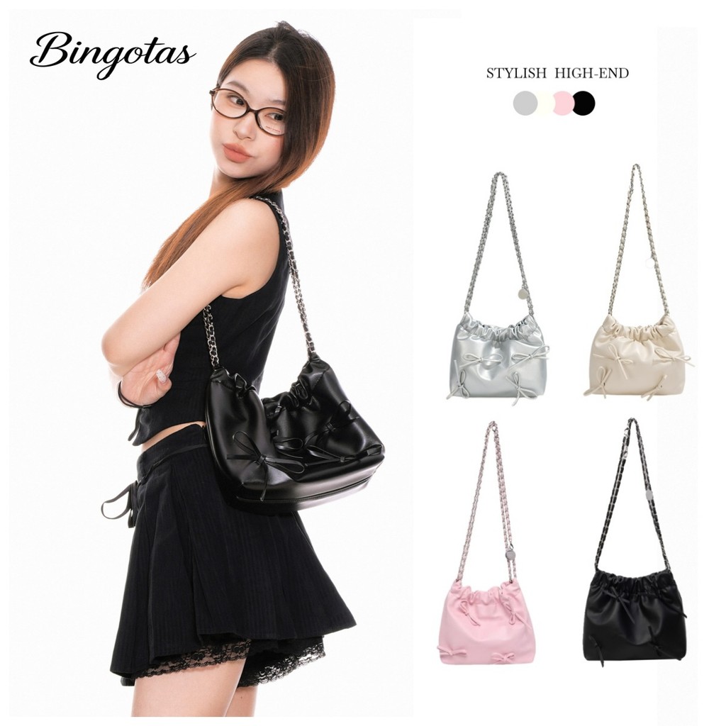 Tas Bahu Wanita Ins Kekinian Desain Niche Elegan Baru/Tas Bucket Warna Solid Mini Lipit Rantai/Sling