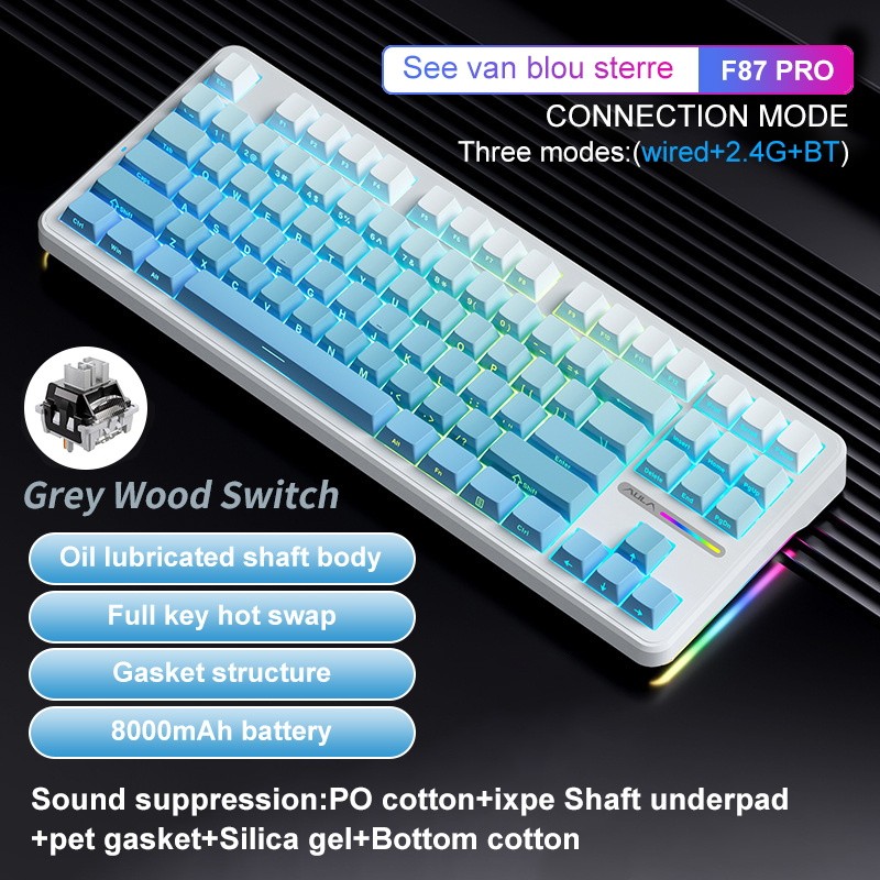 Aula F87 Pro Meanical Keyboard Wired 2.4g Wireless Bluetooth Tri Mode 87Key 8000mAh Hotswap Rgb Pbt 