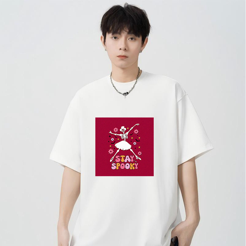 tshirt for men cotton black white Stay Spooky A Festive Skeleton Dance T-Shirt Print