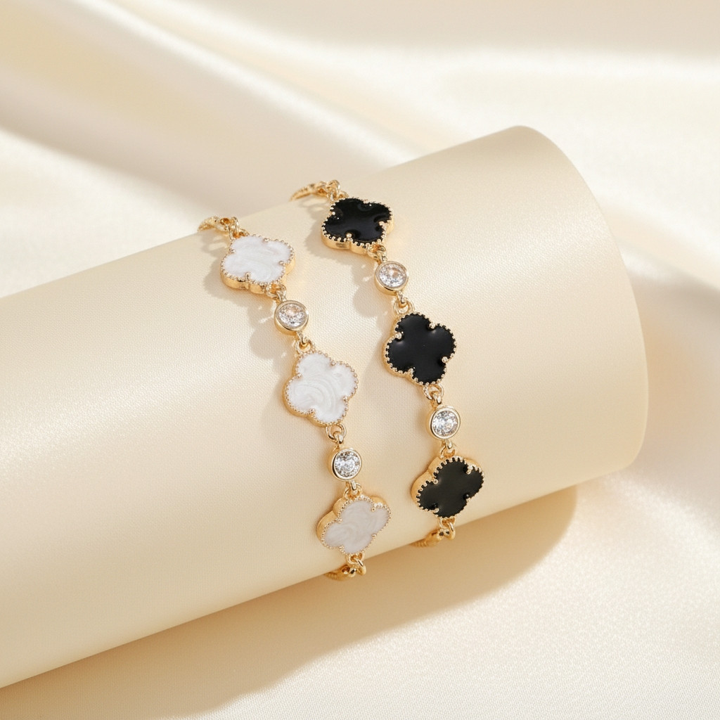 Lanme Jewelry Gelang Serut Titanium Ori Clover Crystal Anti Karat Anti Luntur Perhiasan Tangan Canti