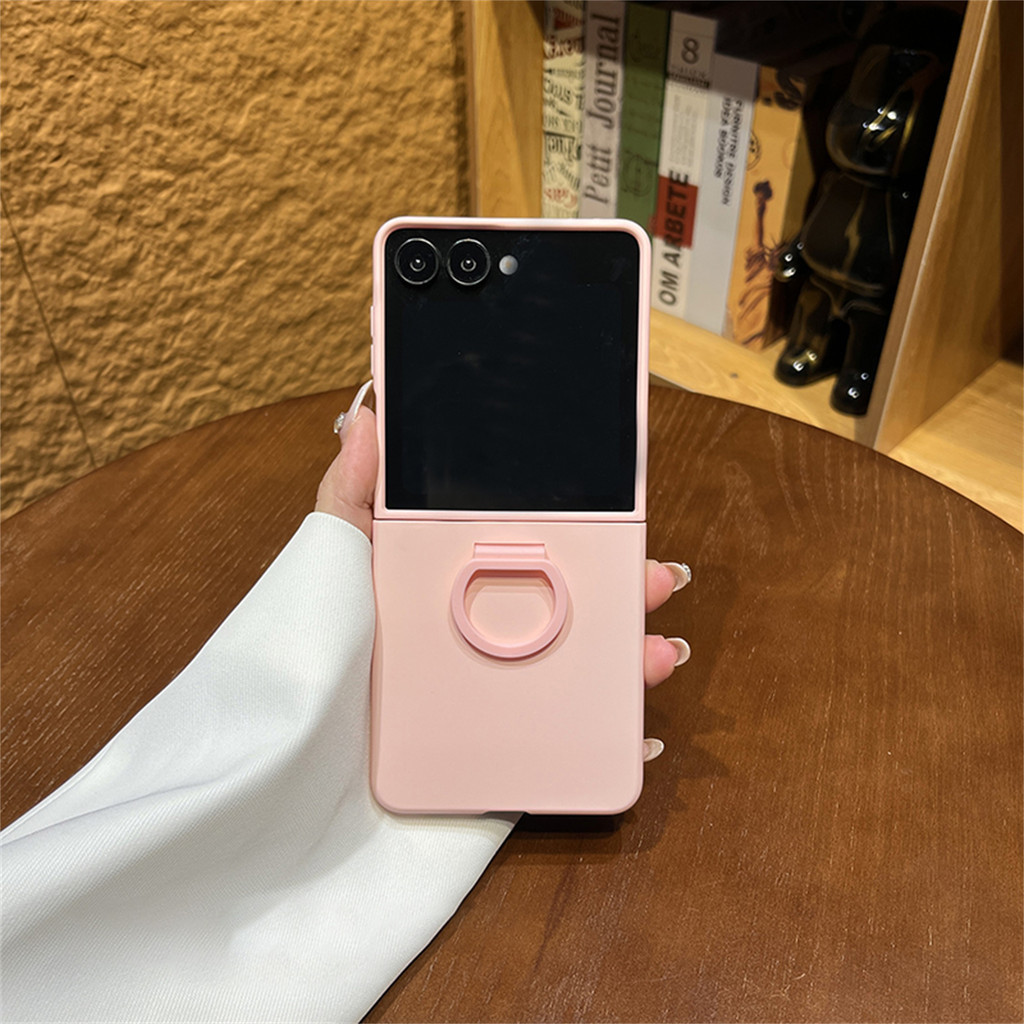 Casing Ponsel Portabel Warna Permen Pink Lucu dengan Cincin untuk Samsung Galaxy Z Flip 7 6 Z Flip6 