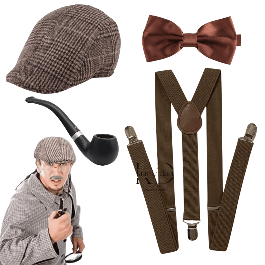 Set Suspender Topi Dasi Kupu Coklat Krem Coksu Vintage Detektif Enola Holmes Outfit Yearbook