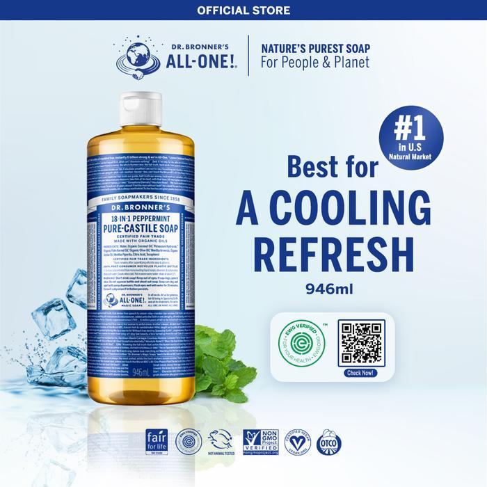 Dr. Bronner's Liquid Soap Peppermint Pure Castile 946ml Sabun Cair Organik