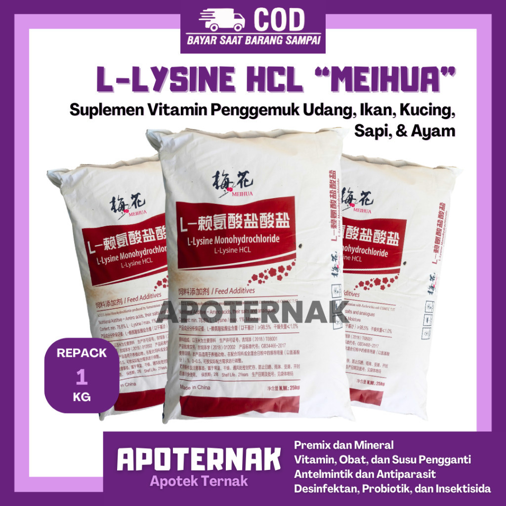 LYSINE 1Kg - Suplemen Vitamin Penggemuk Udang Ikan Kucing Sapi Ayam | L-LYSINE Monohydrochloride LIS