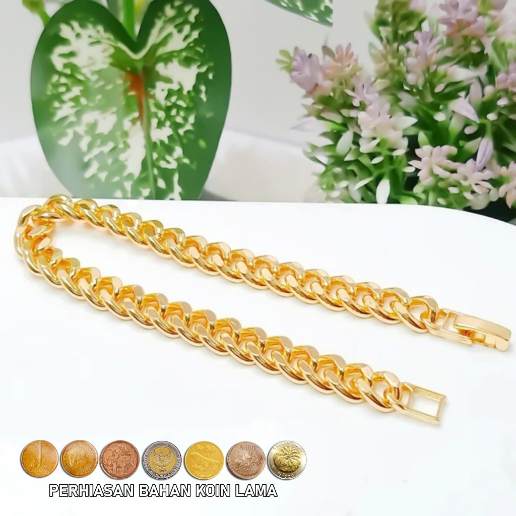 Gelang titanium rantai medan polos gold Perhiasan Bahan Koin Lama