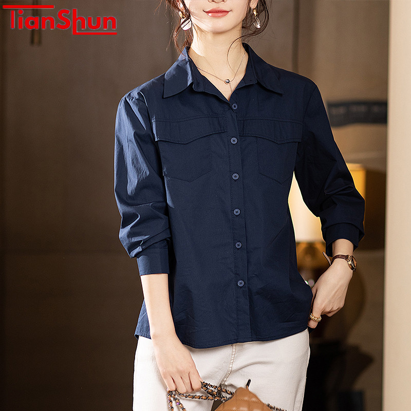 Tianshun Fashion Wanita Lengan Panjang Warna Solid Biru Merah Kasual Versi Korea Kerah Kemeja OL