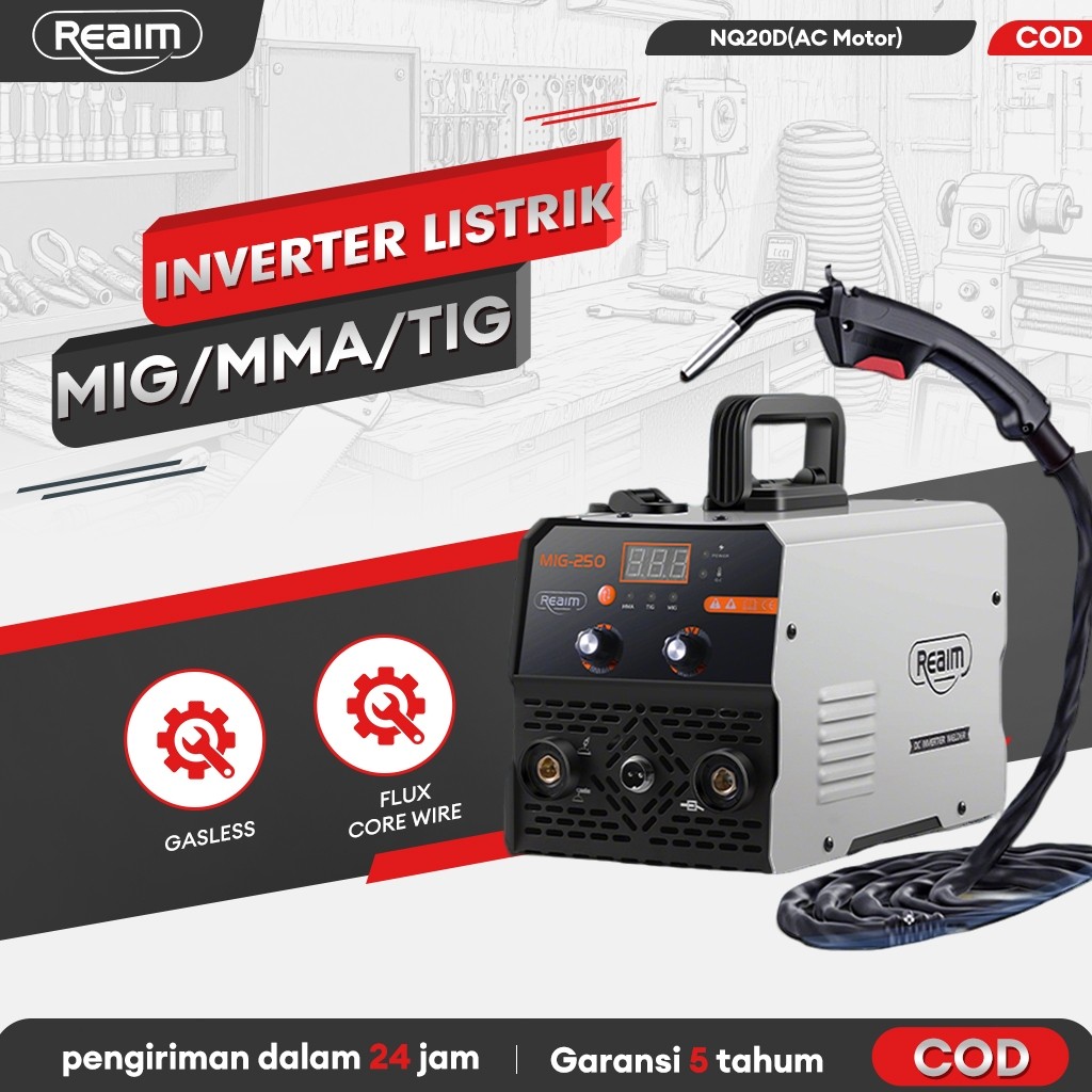 travolas Trafolas Reaim Mesin Las MIG-250 450 Watt: Inverter Tanpa Gas Efisiensi Tinggi, Set Lengkap
