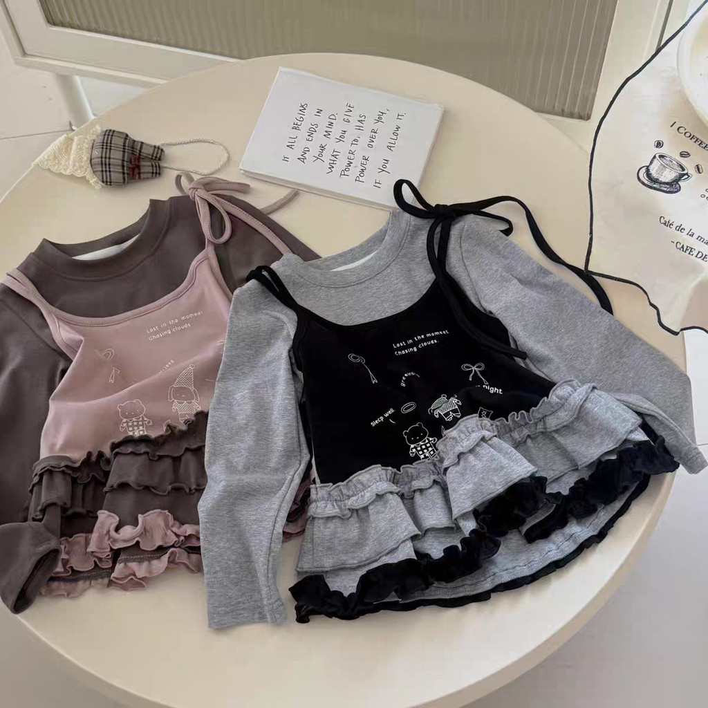 ELF TRIBE Kaos Lengan Panjang Renda Model Dua Potong Motif Kartun Musim Gugur Terbaru Untuk Anak Per