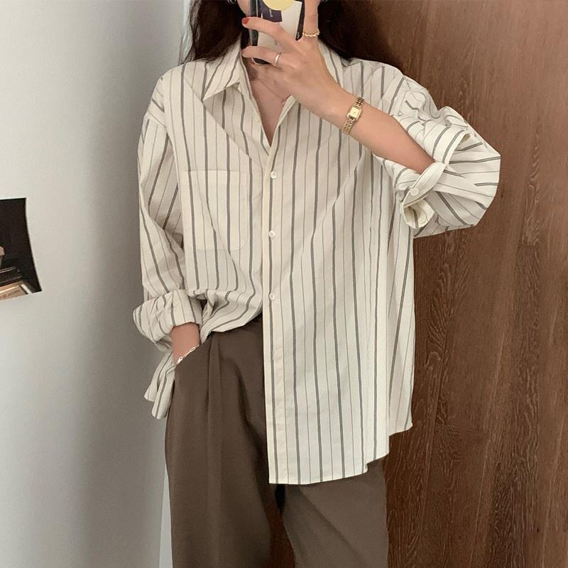 Kemeja Wanita Casual Korea Lengan Panjang Garis Baju Kemeja Atasan Wanita Santai Liar