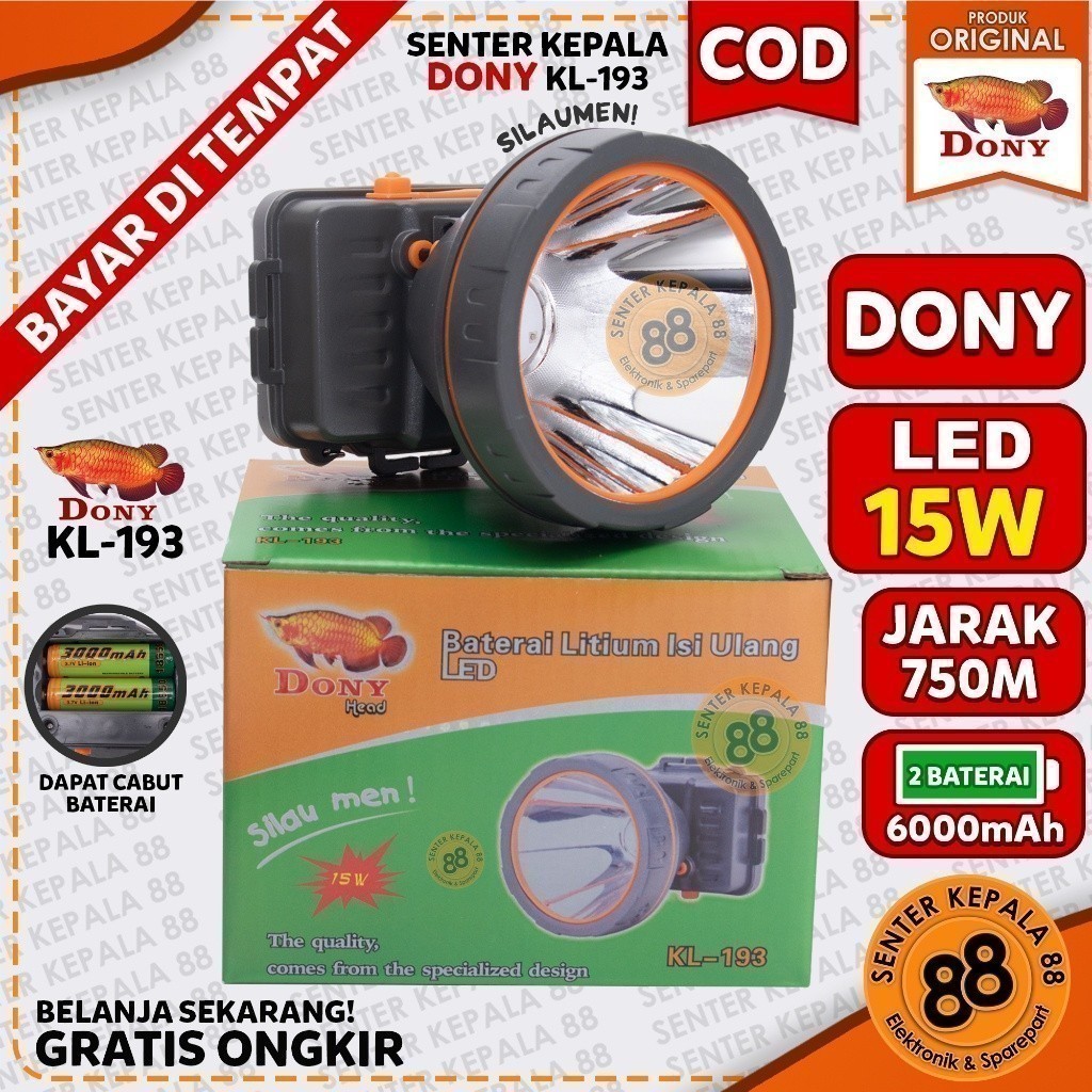 DONY Senter Kepala Lampu Kepala LED Bisa Ganti Copot Baterai Batre KL 193 SILAUMEN Silau men LED