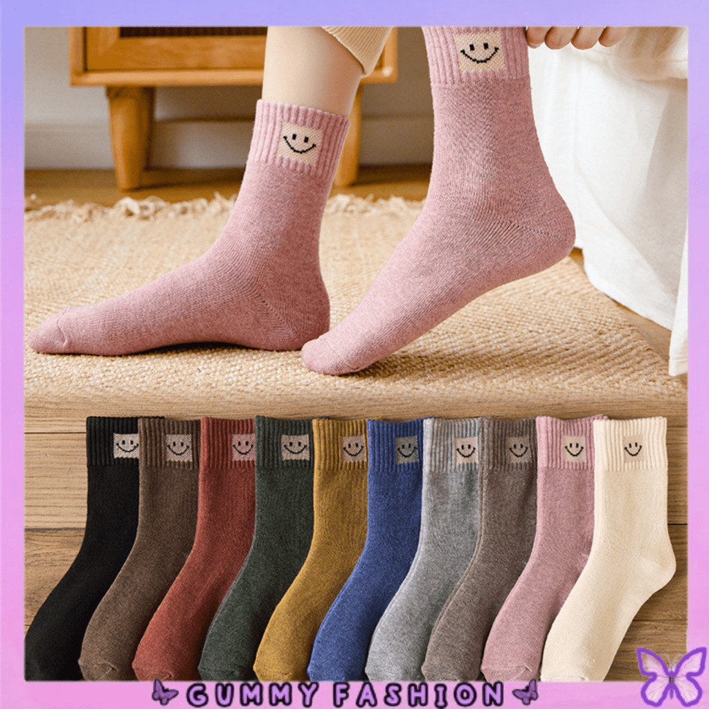 •KEDAI SALSA•KK1508 Kaos Kaki Wanita Panjang Warna Warni Kaus Kaki Setinggi Betis Emoticon Senyum Sm