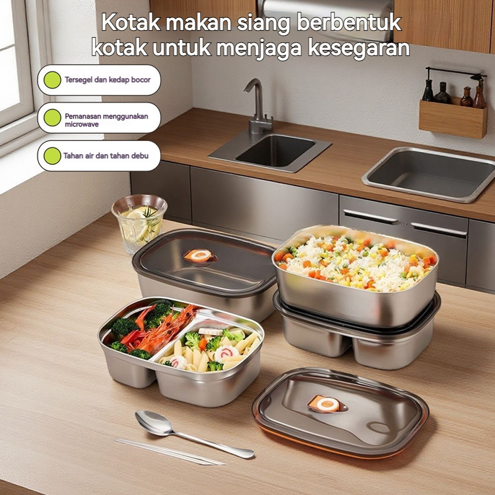 Kotak Makan 2 Sekat Stainless Anti Tumpah dengan Tutupan Karet Sekat Ganda