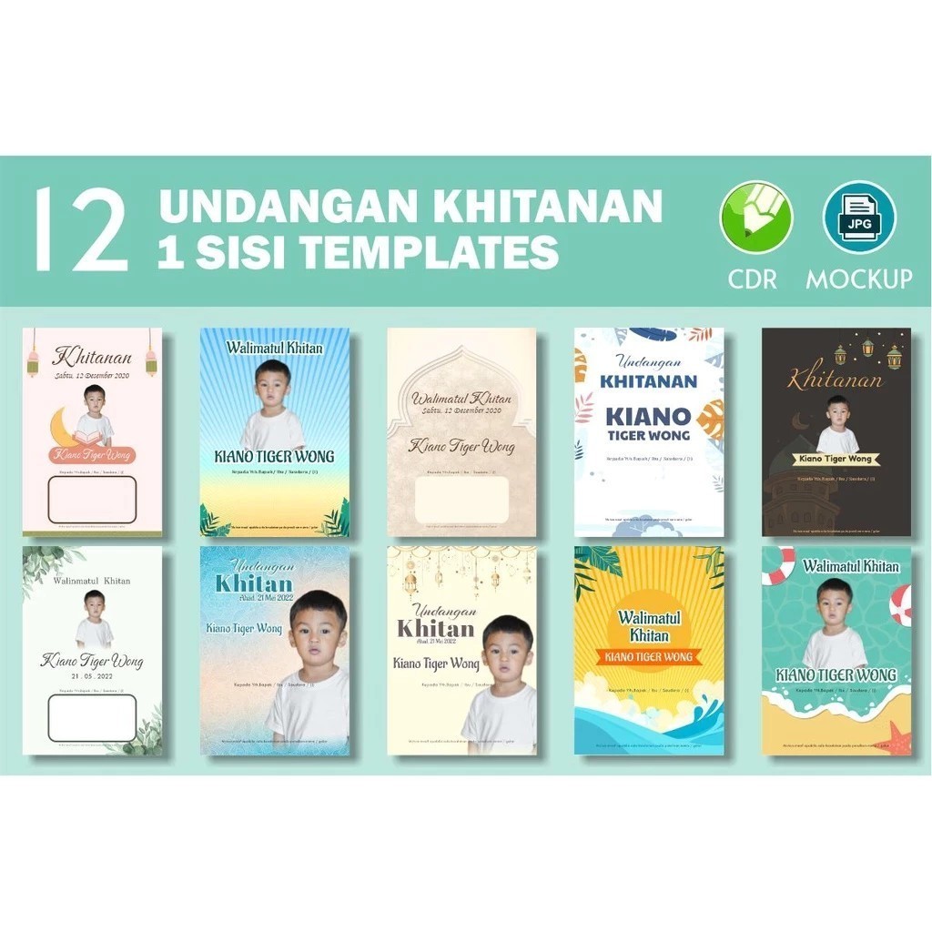 10 Desain Undangan Khitan 1 Sisi Full Color - Template Bisa Edit Siap Cetak Format CDR Coreldraw
