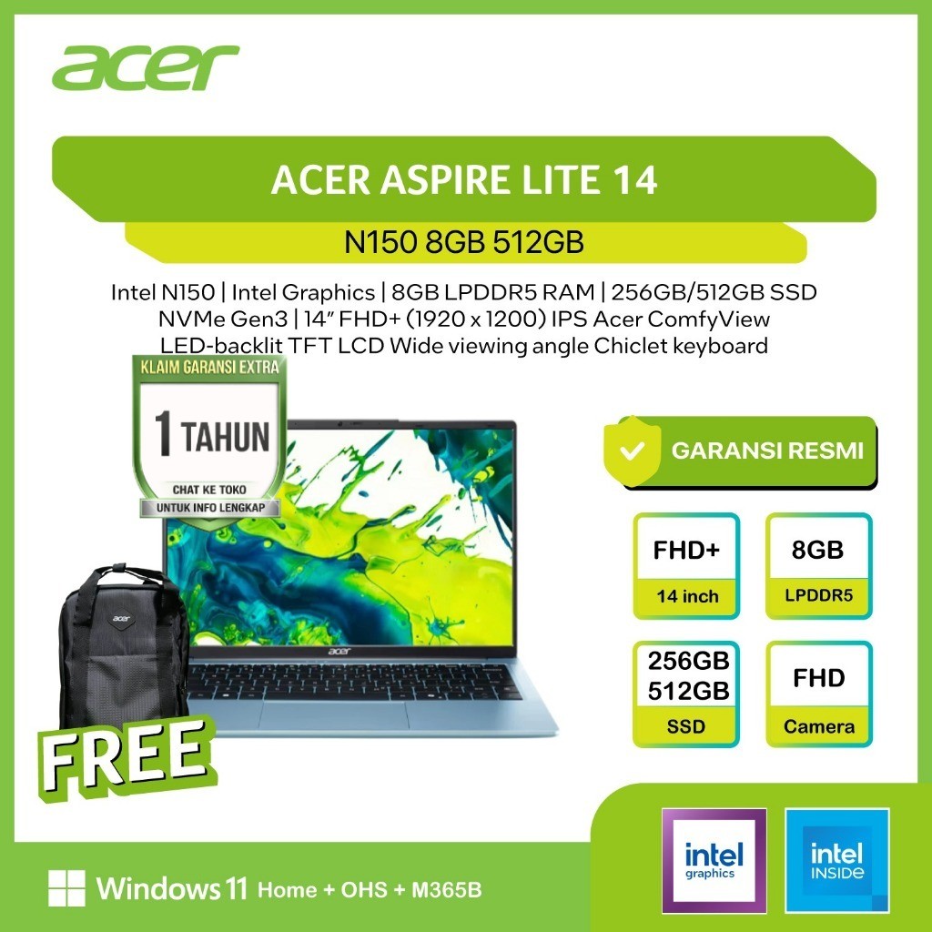 ACER ASPIRE LITE 14 N150 8GB 512GB W11+OHS+M365B 14.0WUXGA -32P.C1ES
