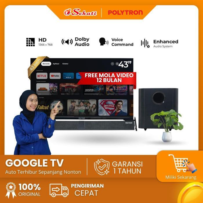 (COD + Gratis Packing Kayu) POLYTRON LED 43 inch Google TV + Speaker Subwoofer Youtube Dolby Audio P