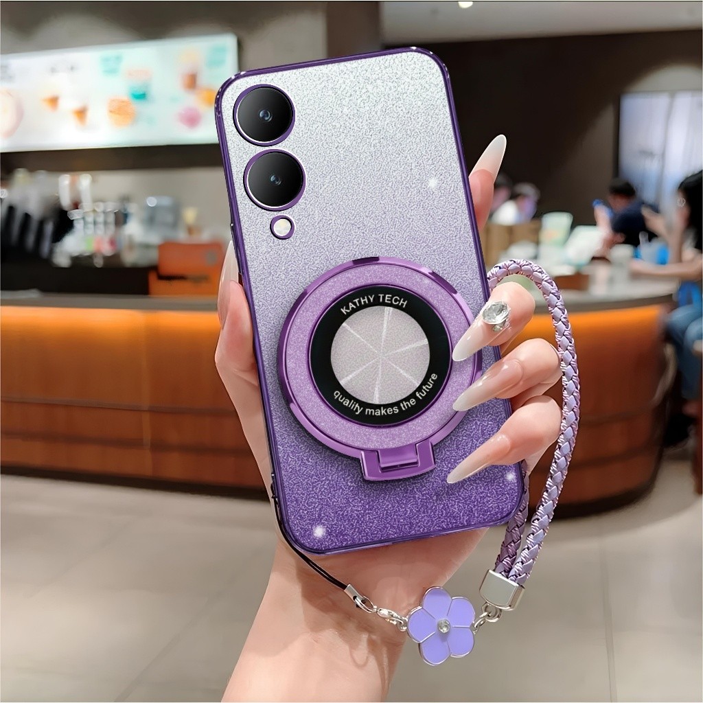 Soft Case Vivo Y17s Glitter Ring Magnetic Holder Free Tali Lanyard Handphone