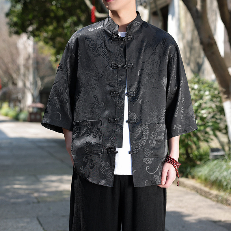 Kemeja Pria Singkat Lengan Sutra Es Motif Naga Bordir Tipis Nyaman Bernapas Gaya China