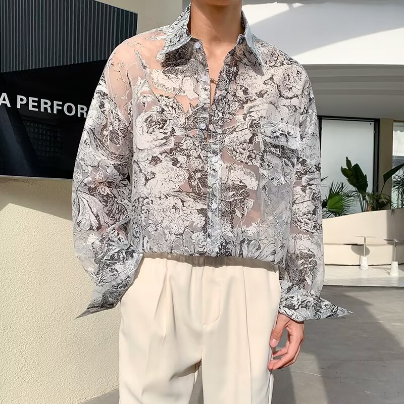 Kemeja Pria Gaya Cina Baru Berlubang Transparan