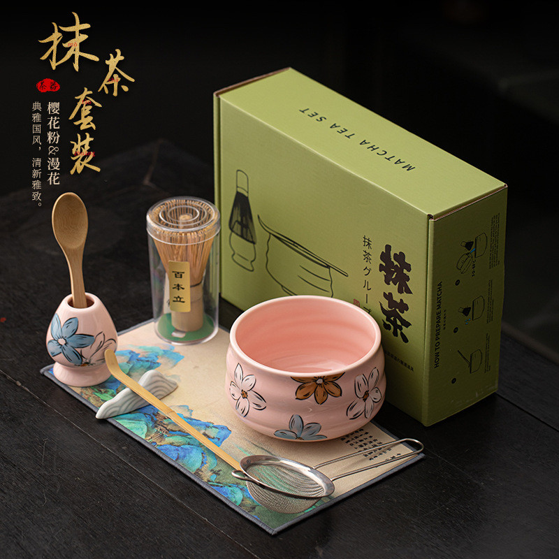 8pc/set Sakura Pink Blossom Ceramic Tea Set Complete Set Mata Whisk asen Japanese Mata Set Kit Tea S