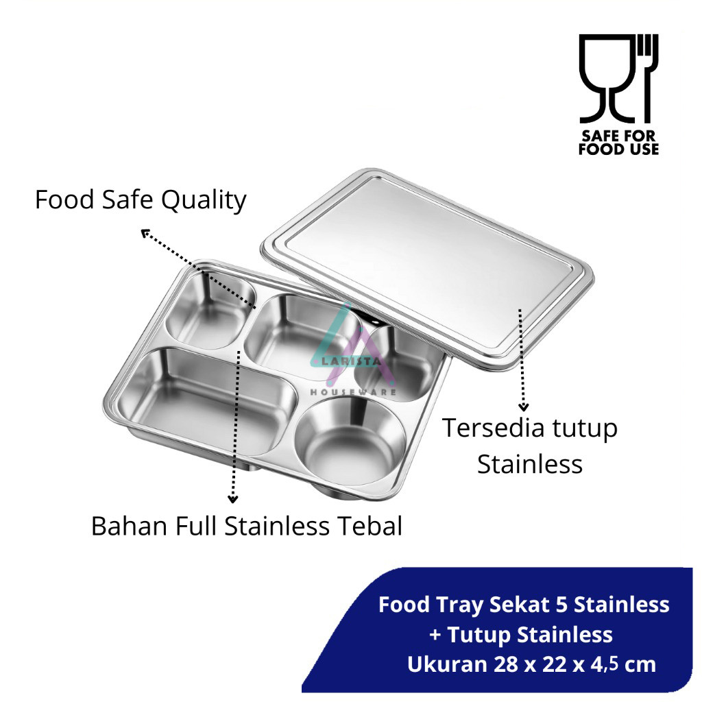 Food tray 5 sekat + tutup SUS304 | tempat makan stainless | lunch box | tempat makan | Kotak makan M
