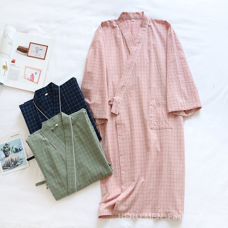 Piyama bergaya kimono wanita berbahan katun washed motif kotak-kotak ala Jepang, jubah panjang, gaun