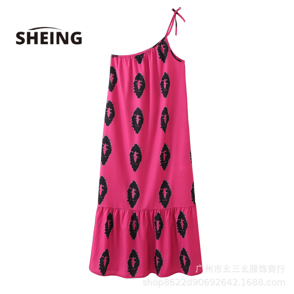 SHEING Dress wanita motif plus size dengan dress bermotif bohemian bertali bahu miring